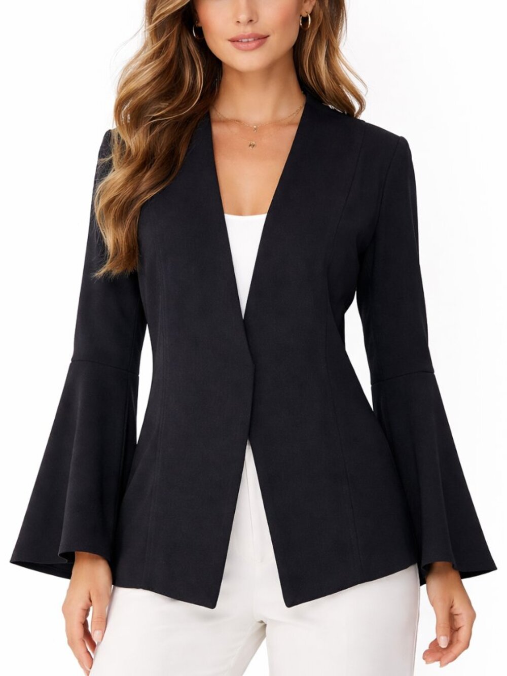 WHO WHAT WEAR Black Bell Sleeve Blazer Snatch Flare Open Front Goth Office Siren